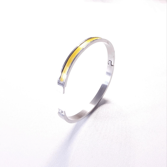 Bracelet Jonc Fin Ovale Marqueterie de Paille Citron - Plaqué Argent
